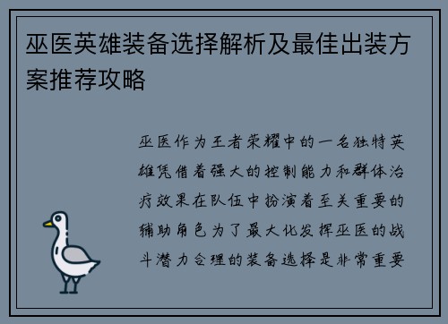 巫医英雄装备选择解析及最佳出装方案推荐攻略
